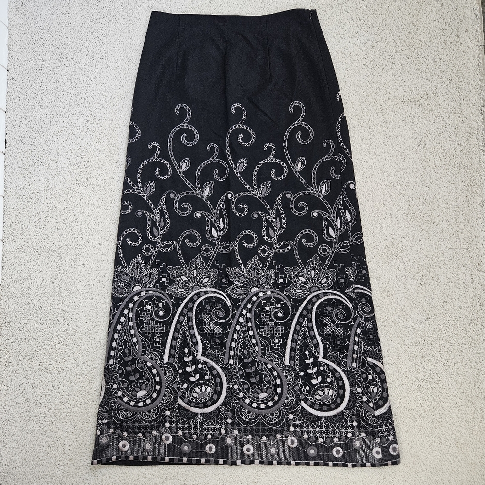Talbots Maxi Skirt Wool Blend Black Embriodered Paisley Lined 12 Holiday Zip